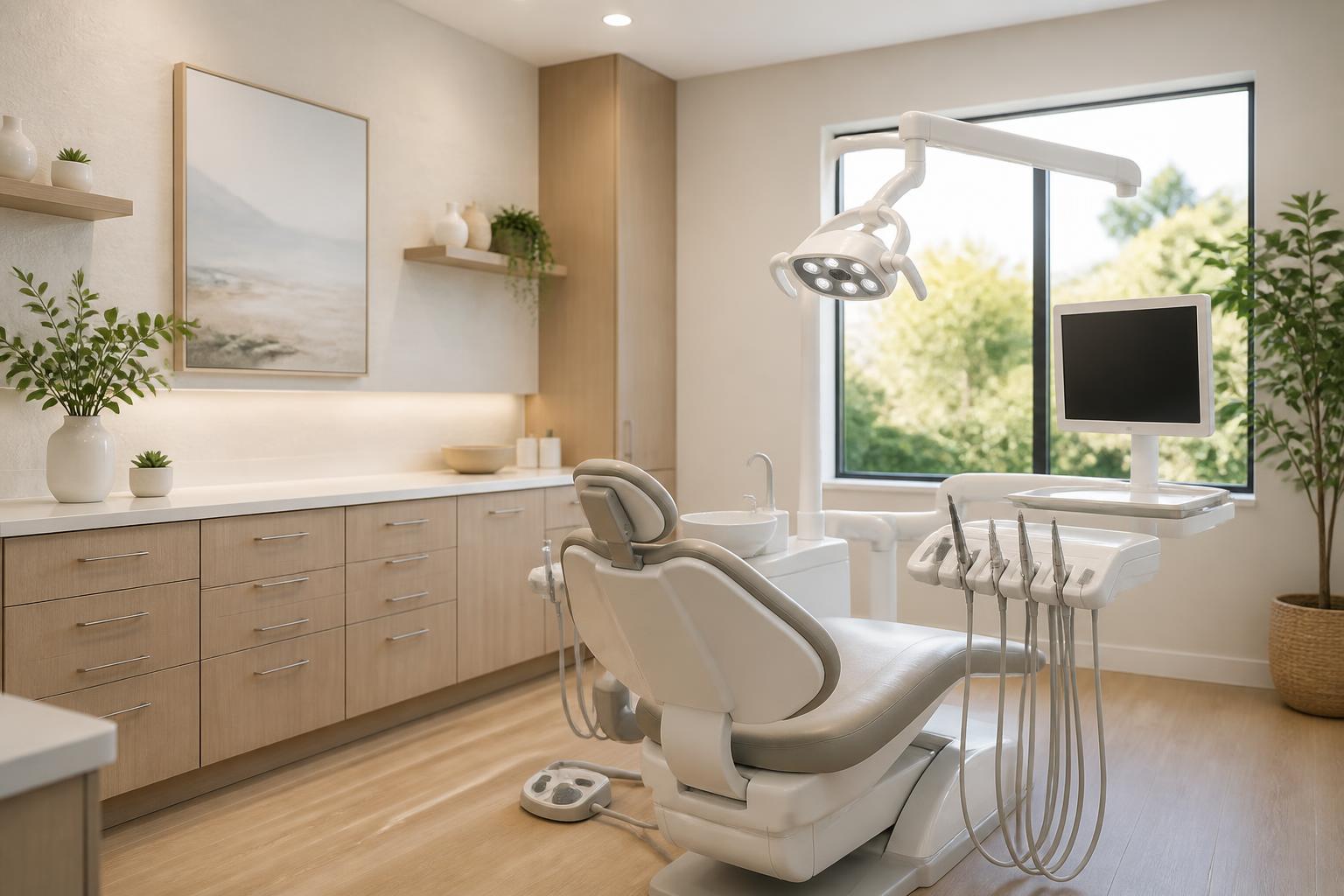 Modern dental clinic interior with natural light and a patient chair