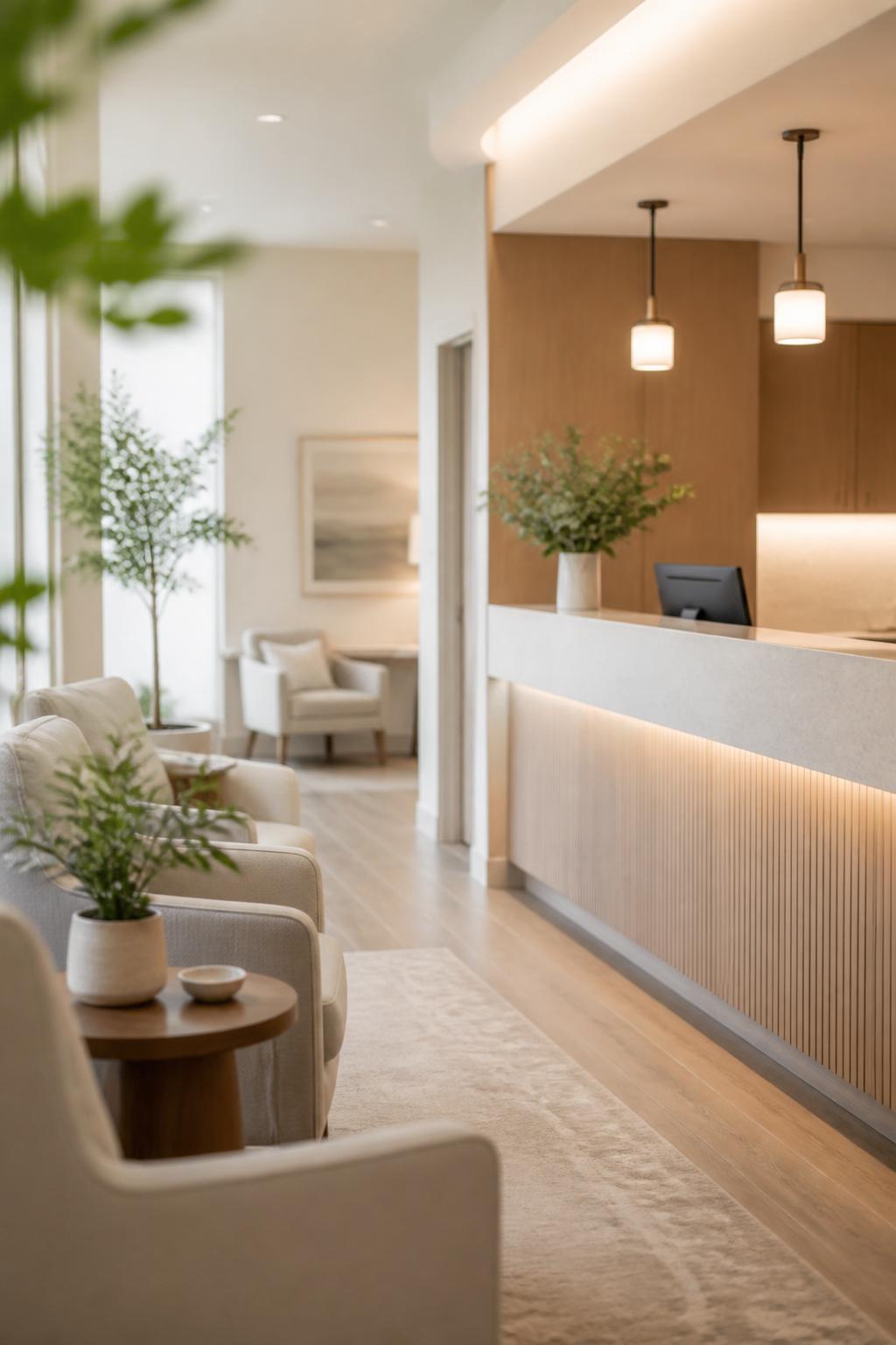 Welcoming dental reception area with neutral tones and soft light